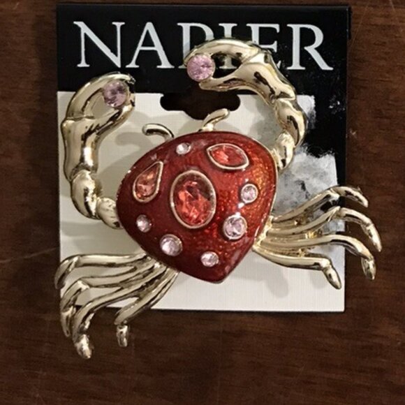 NAPIER Crab Gold Red Enamel Red/Pink Crystals Cancer Zodiac Sign Brooch Pin**NEW - Picture 2 of 2